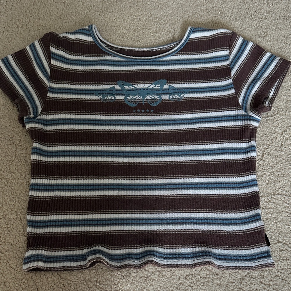 brown and blue butterfly cropped shirt